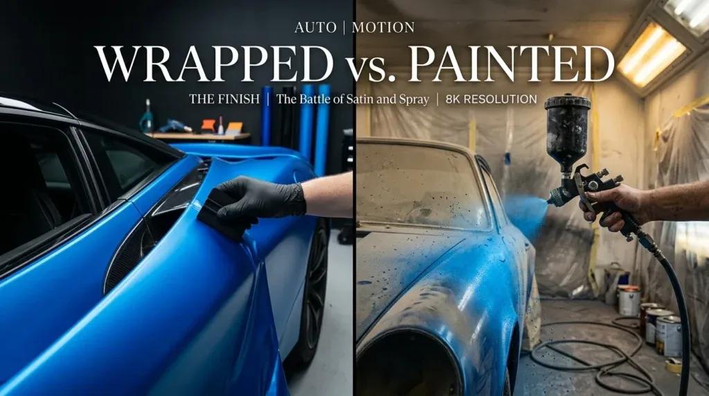 For this article, select a creative concept directly related to the topic, and create visuals with cinematic quality and the aesthetic of an editorial magazine cover, ensuring each composition is unique and distinct. The visuals must be in landscape format, with a 16:9 aspect ratio, and feature a wide, horizontal composition—vertical or square formats are strictly prohibited. Wide landscape format only, no portrait, no square.“Why Choose Cheap Car Wraps Over Paint?”