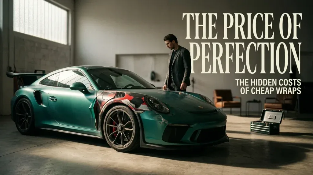 For this article, select a creative concept directly related to the topic, and create visuals with cinematic quality and the aesthetic of an editorial magazine cover, ensuring each composition is unique and distinct. The visuals must be in landscape format, with a 16:9 aspect ratio, and feature a wide, horizontal composition—vertical or square formats are strictly prohibited. Wide landscape format only, no portrait, no square.“How Much Do Cheap Car Wraps Cost?”