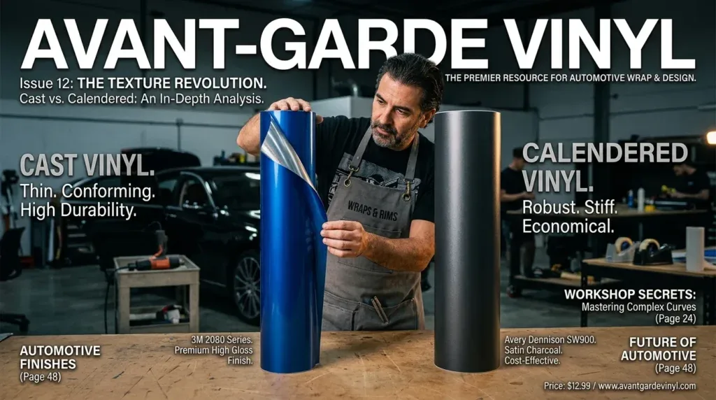 For this article, select a creative concept directly related to the topic, and create visuals with cinematic quality and the aesthetic of an editorial magazine cover, ensuring each composition is unique and distinct. The visuals must be in landscape format, with a 16:9 aspect ratio, and feature a wide, horizontal composition—vertical or square formats are strictly prohibited. Wide landscape format only, no portrait, no square.“The Foundation: Cast vs. Calendered Vinyl – Know Your Film Types”