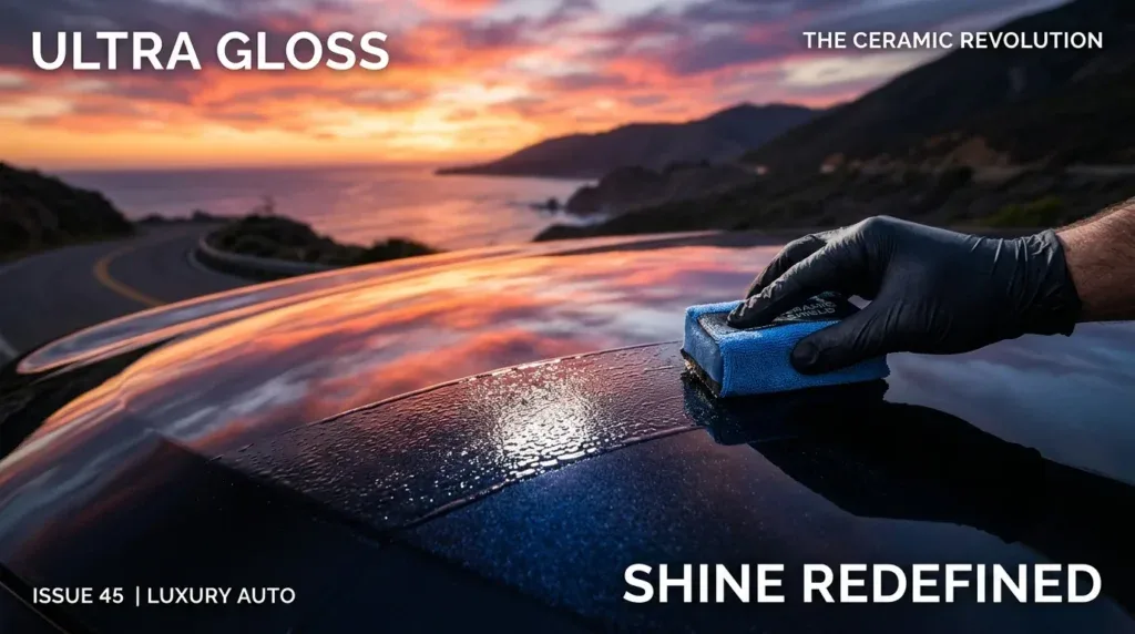 For this article, select a creative concept directly related to the topic, and create visuals with cinematic quality and the aesthetic of an editorial magazine cover, ensuring each composition is unique and distinct. The visuals must be in landscape format, with a 16:9 aspect ratio, and feature a wide, horizontal composition—vertical or square formats are strictly prohibited. Wide landscape format only, no portrait, no square.“Choosing the Right Ceramic Coating & Mastering Application”