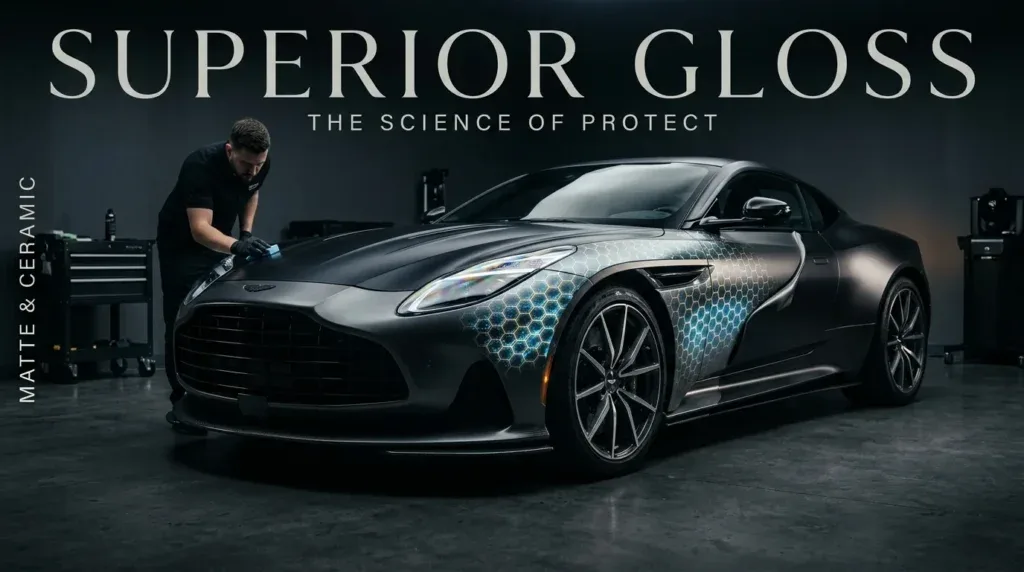 For this article, select a creative concept directly related to the topic, and create visuals with cinematic quality and the aesthetic of an editorial magazine cover, ensuring each composition is unique and distinct. The visuals must be in landscape format, with a 16:9 aspect ratio, and feature a wide, horizontal composition—vertical or square formats are strictly prohibited. Wide landscape format only, no portrait, no square.“What Exactly is Ceramic Coating and How Does It Work on Vinyl?”