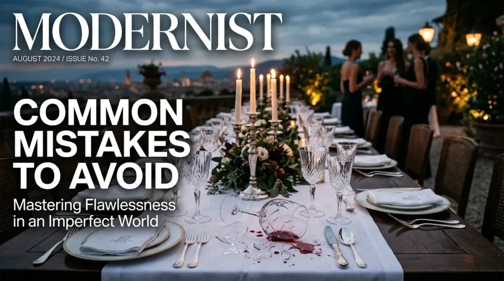 For this article, select a creative concept directly related to the topic, and create visuals with cinematic quality and the aesthetic of an editorial magazine cover, ensuring each composition is unique and distinct. The visuals must be in landscape format, with a 16:9 aspect ratio, and feature a wide, horizontal composition—vertical or square formats are strictly prohibited. Wide landscape format only, no portrait, no square.“What NOT to Do: Common Mistakes to Avoid”