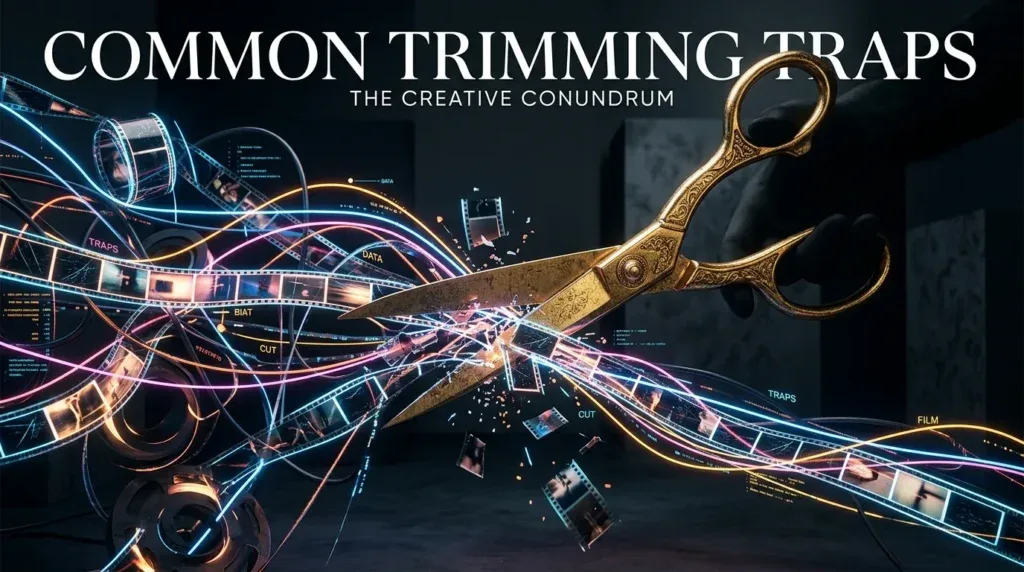 For this article, select a creative concept directly related to the topic, and create visuals with cinematic quality and the aesthetic of an editorial magazine cover, ensuring each composition is unique and distinct. The visuals must be in landscape format, with a 16:9 aspect ratio, and feature a wide, horizontal composition—vertical or square formats are strictly prohibited. Wide landscape format only, no portrait, no square.“Common Trimming Traps to Avoid”