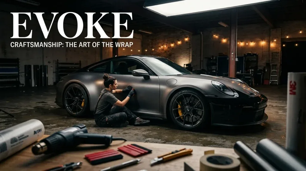 For this article, select a creative concept directly related to the topic, and create visuals with cinematic quality and the aesthetic of an editorial magazine cover, ensuring each composition is unique and distinct. The visuals must be in landscape format, with a 16:9 aspect ratio, and feature a wide, horizontal composition—vertical or square formats are strictly prohibited. Wide landscape format only, no portrait, no square.“Deconstructing the DIY Car Wrap: More Than Just Material Cost”