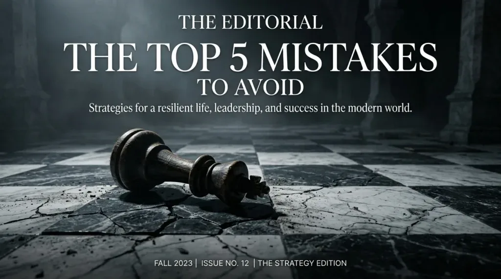 For this article, select a creative concept directly related to the topic, and create visuals with cinematic quality and the aesthetic of an editorial magazine cover, ensuring each composition is unique and distinct. The visuals must be in landscape format, with a 16:9 aspect ratio, and feature a wide, horizontal composition—vertical or square formats are strictly prohibited. Wide landscape format only, no portrait, no square.“The Top 5 Mistakes to Avoid”